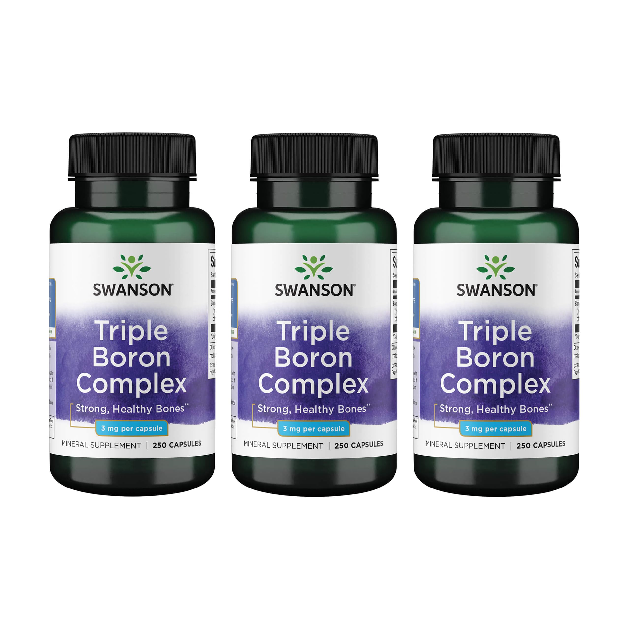 Swanson Triple Boron Complex bottle front with capsules signals potential bone health support