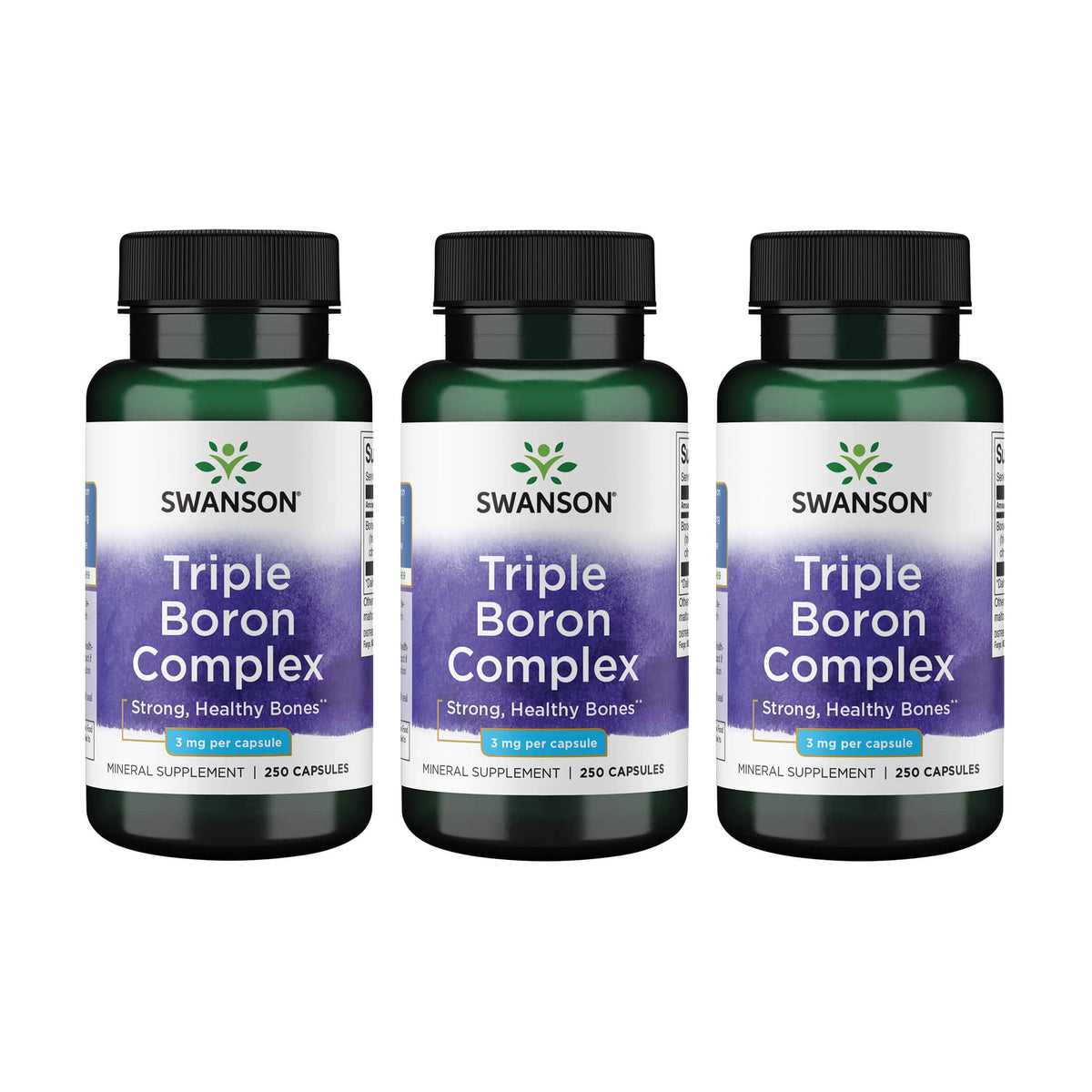 Swanson Triple Boron Complex bottle front with capsules signals potential bone health support