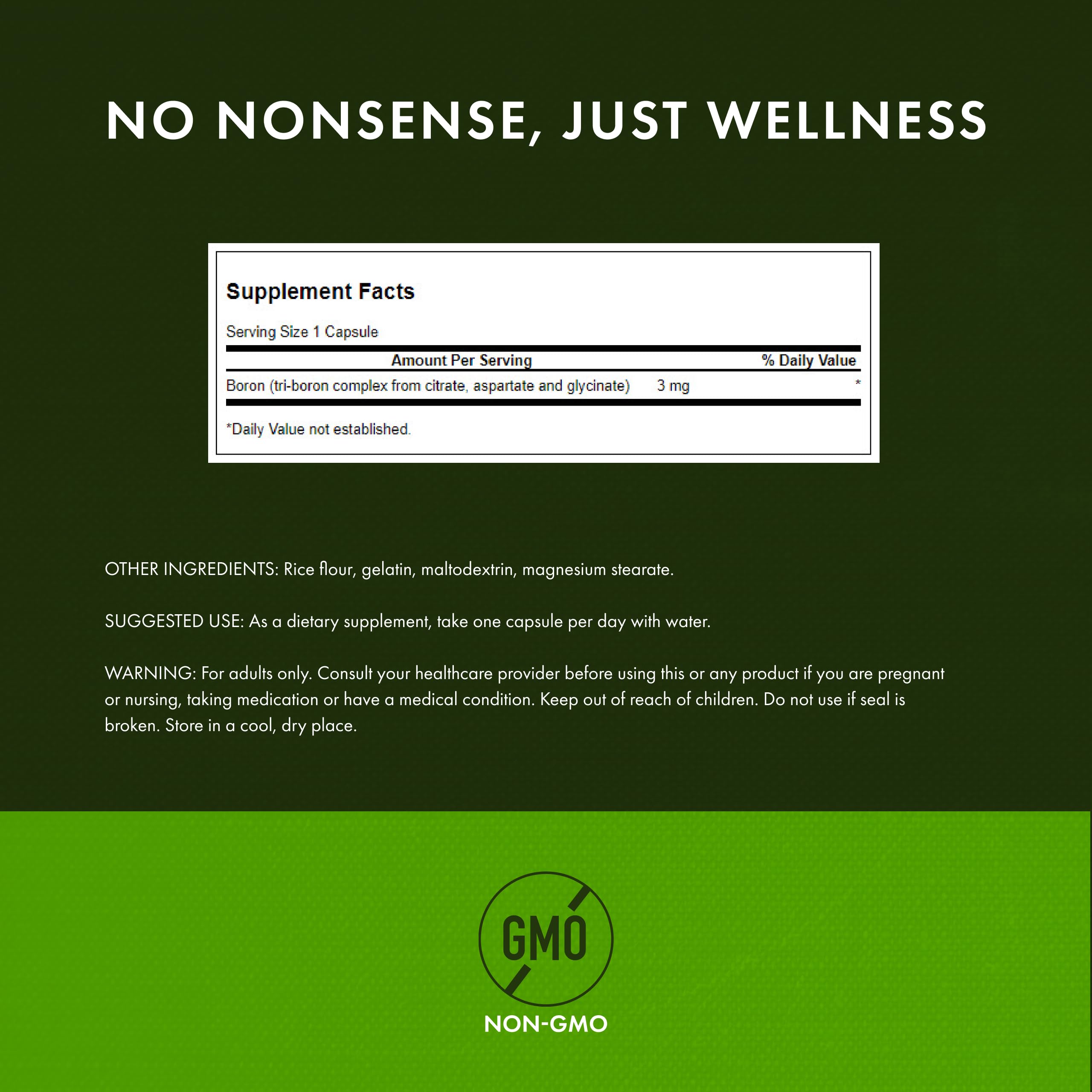 Swanson Triple Boron Complex label detail emphasizes non-GMO quality you can trust