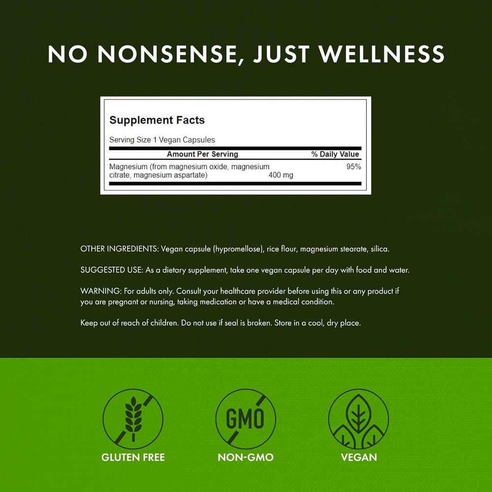 Swanson Triple Magnesium Complex bottle side, features and packaging