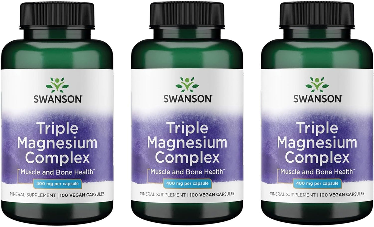 Swanson Triple Magnesium Complex bottle on white background for daily mineral support.