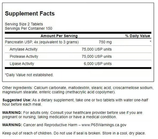 Swanson Triple-Strength Pancreatin tablets closeup highlighting enzyme blend for digestion.