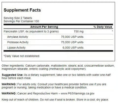Swanson Triple-Strength Pancreatin tablets closeup highlighting enzyme blend for digestion.
