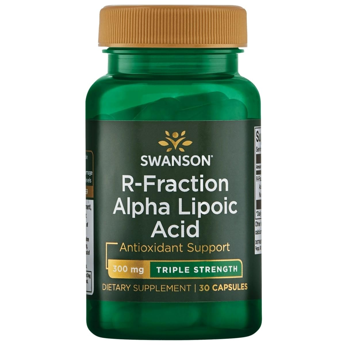 Swanson triple-strength R-Fraction alpha lipoic acid bottle on counter for daily wellness.
