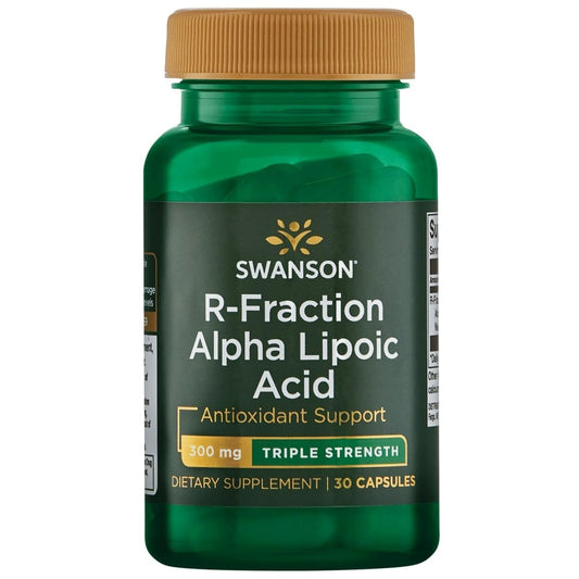 Swanson triple-strength R-Fraction alpha lipoic acid bottle on counter for daily wellness.