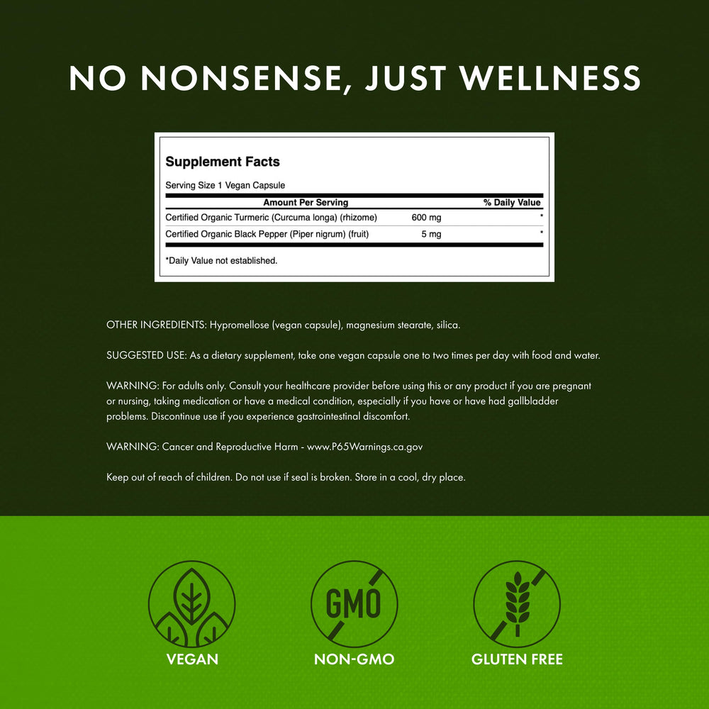 Swanson Turmeric bottle front view shows vegan, non-GMO, gluten-free qualities.