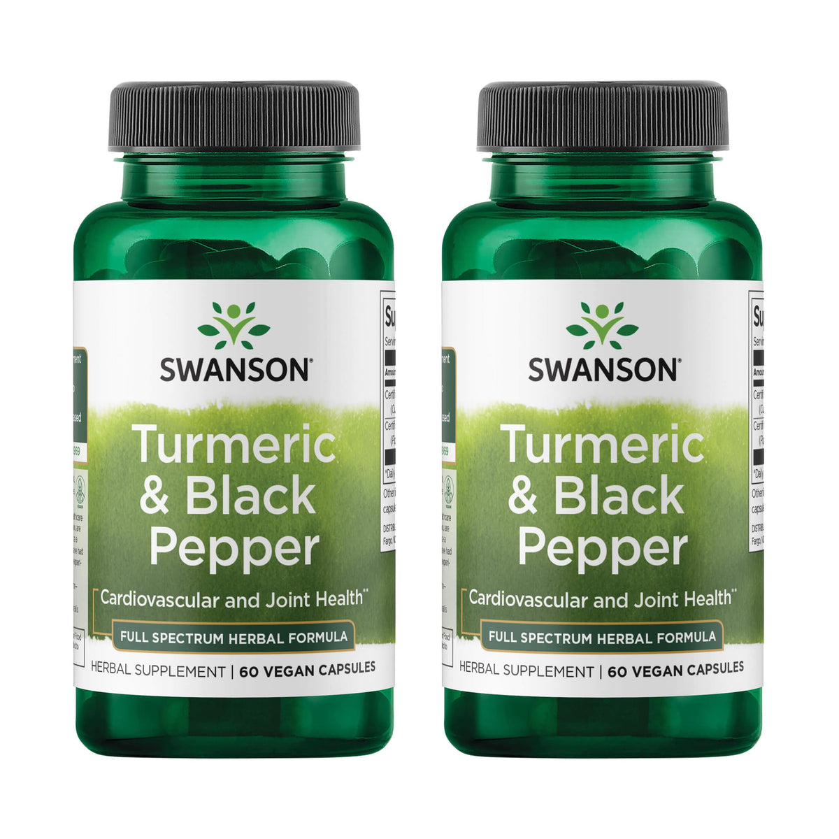 Swanson Turmeric & Black Pepper bottle label highlights joint support and antioxidants.