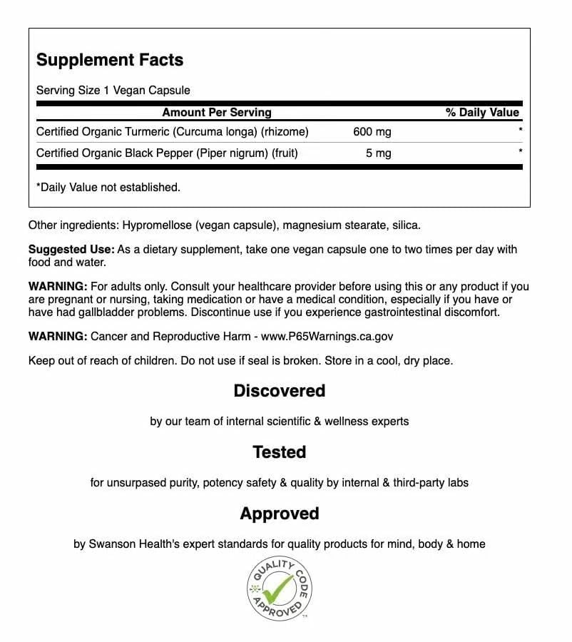 Closeup of Swanson Turmeric capsules suggesting easy daily use