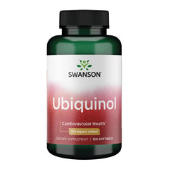 Swanson Ubiquinol 100 mg softgels bottle for heart health and energy support.