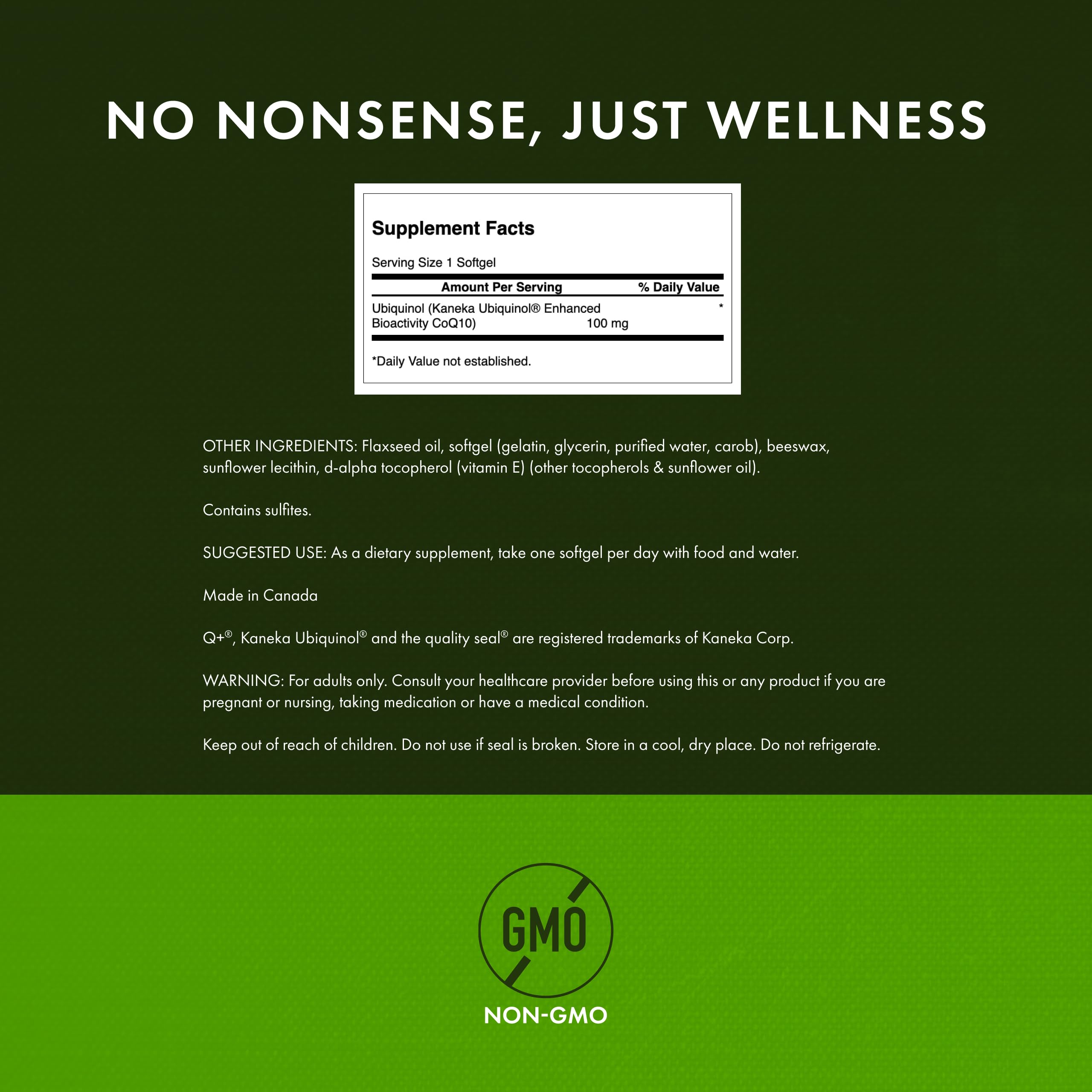 Swanson ubiquinol Kaneka nutrients fermentation label close view.