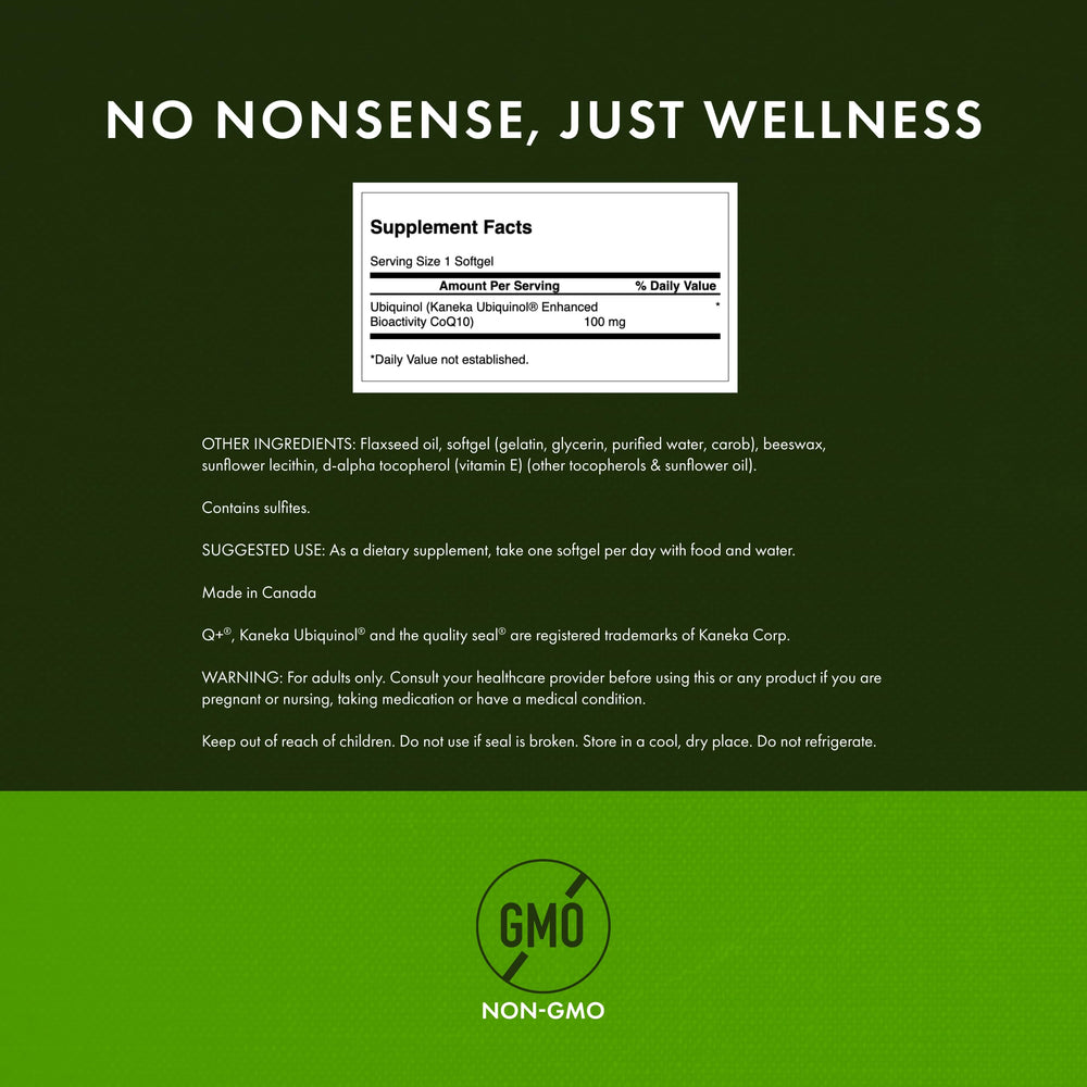Swanson ubiquinol Kaneka nutrients fermentation label close view.