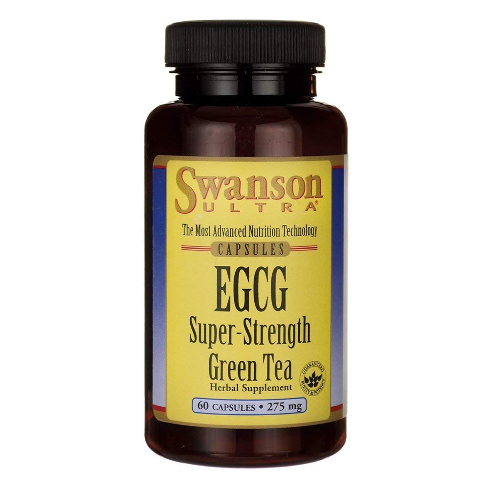 Swanson UL EGCG green tea extract bottle label shows standardized 275 mg capsules for daily use.