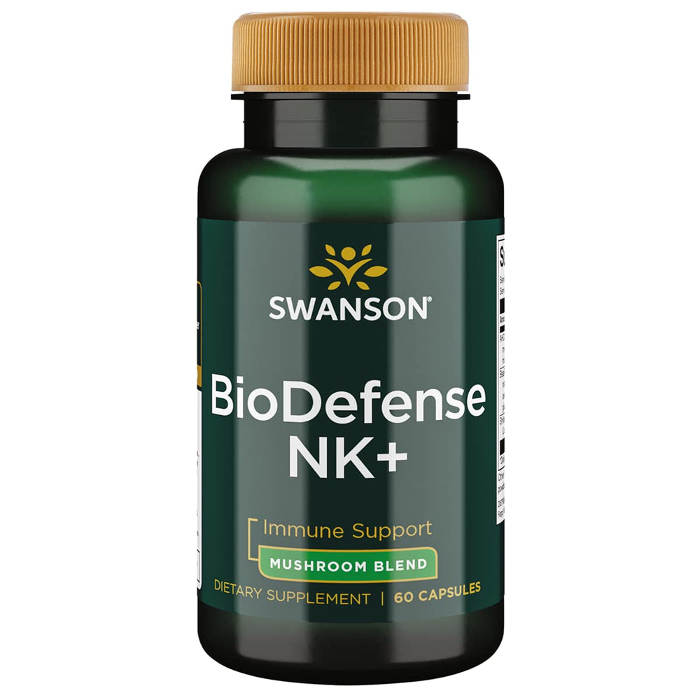 Swanson ULT BIODEFENSE NK+ Mushroom BLND bottle with capsules for immune support.