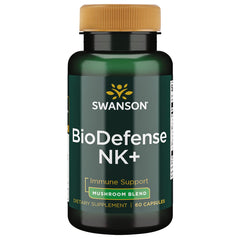 Swanson ULT BIODEFENSE NK+ Mushroom BLND bottle with capsules for immune support.