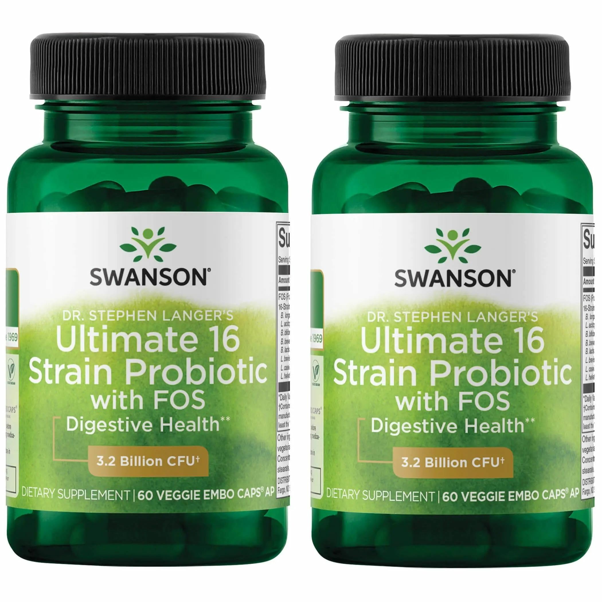Swanson Ultimate 16-Strain Probiotic bottle with 60 vegan capsules for daily gut support