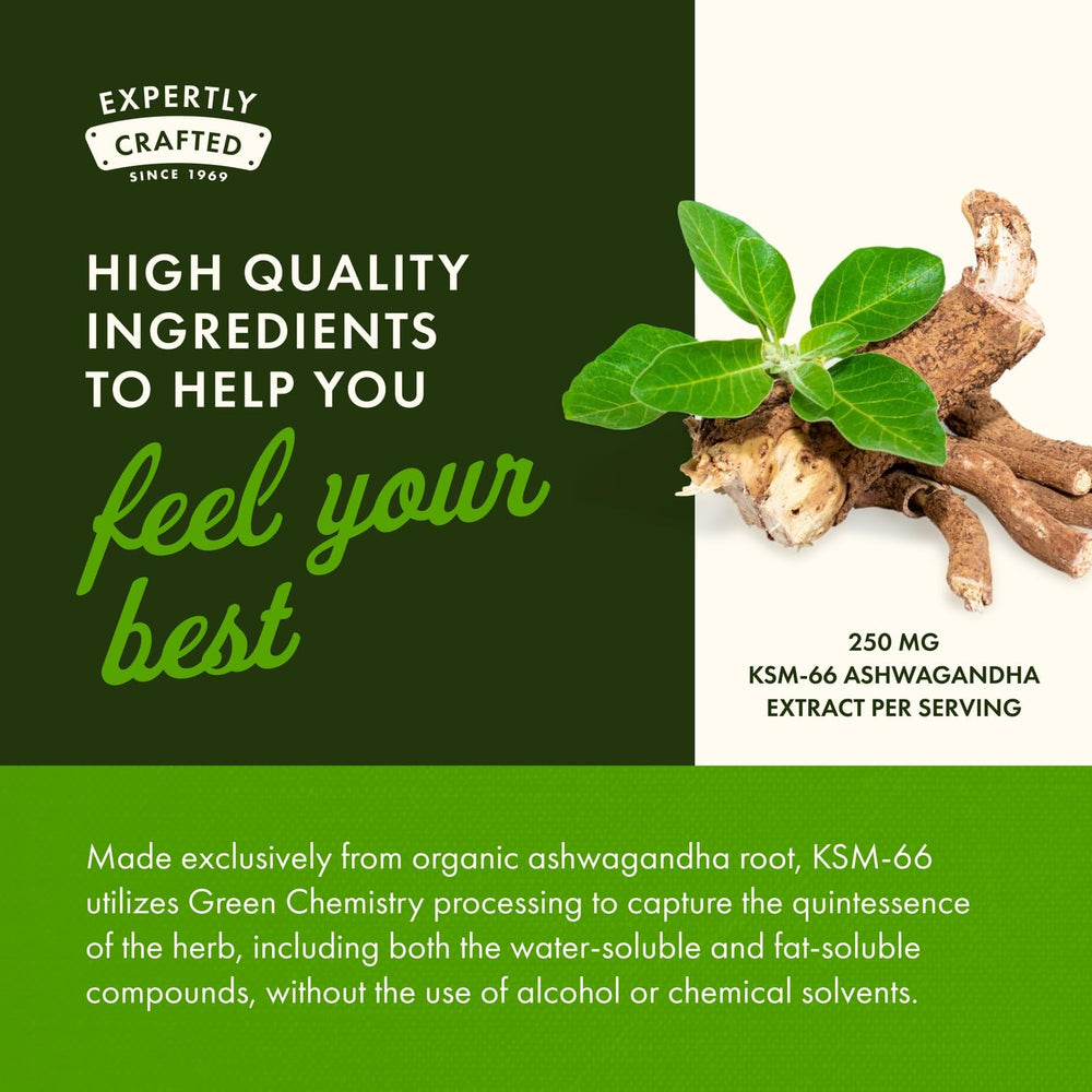 Swanson Ashwagandha KSM-66 bottle on a desk suggesting a relaxed mindset.