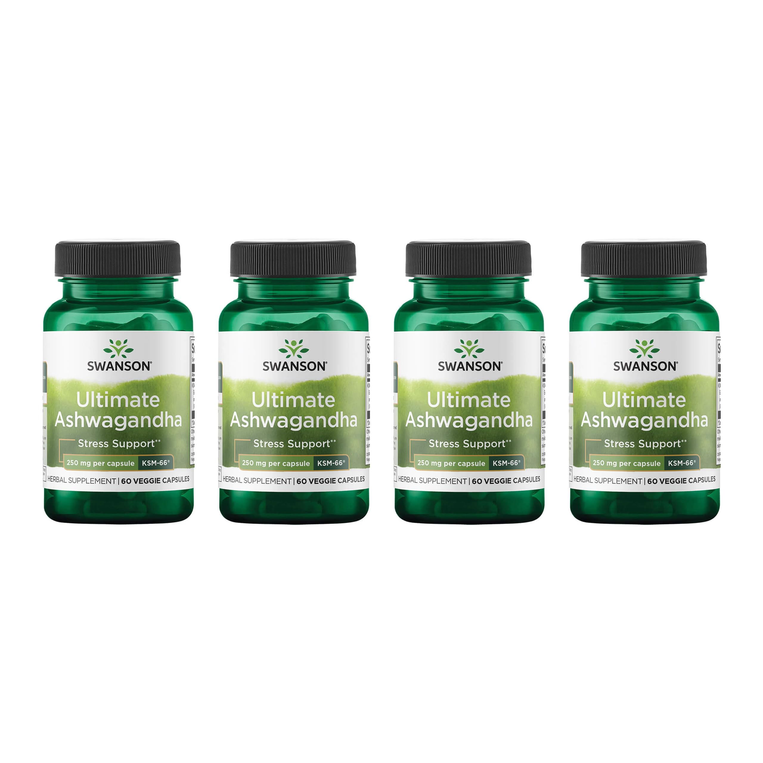 Swanson Ultimate Ashwagandha KSM-66 bottle pouring capsules for daily calm support.