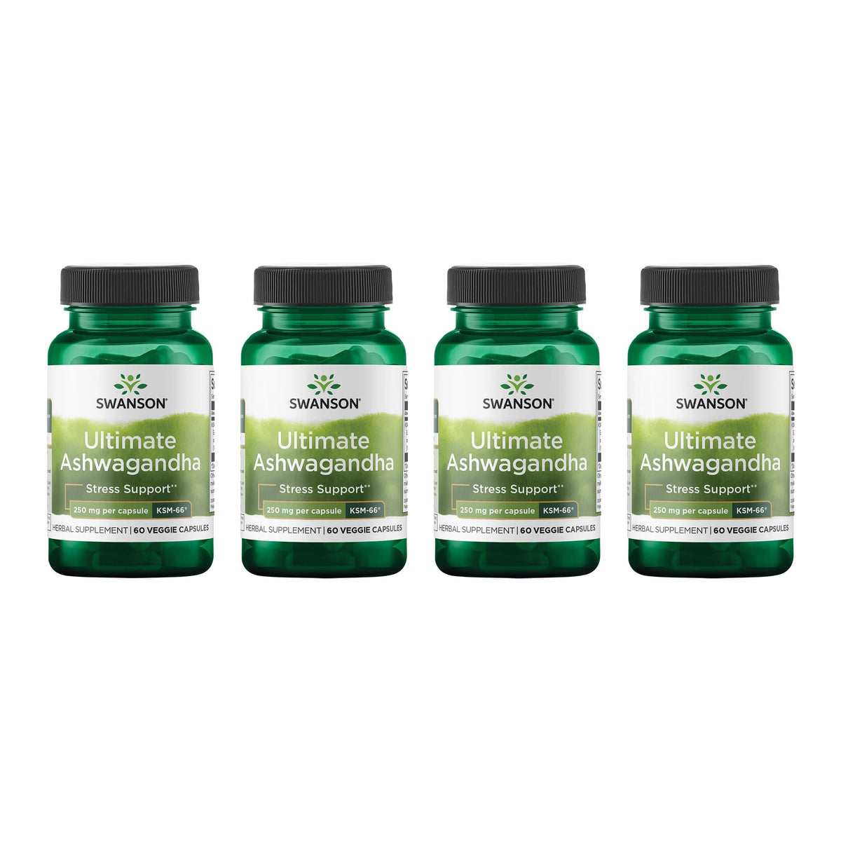 Swanson Ultimate Ashwagandha KSM-66 bottle pouring capsules for daily calm support.