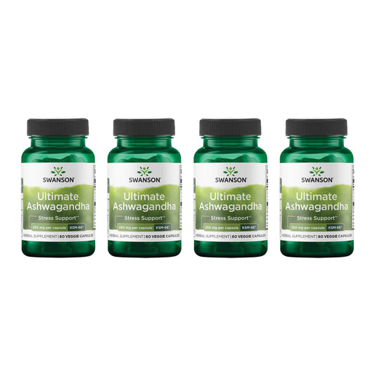 Swanson Ultimate Ashwagandha KSM-66 bottle pouring capsules for daily calm support.