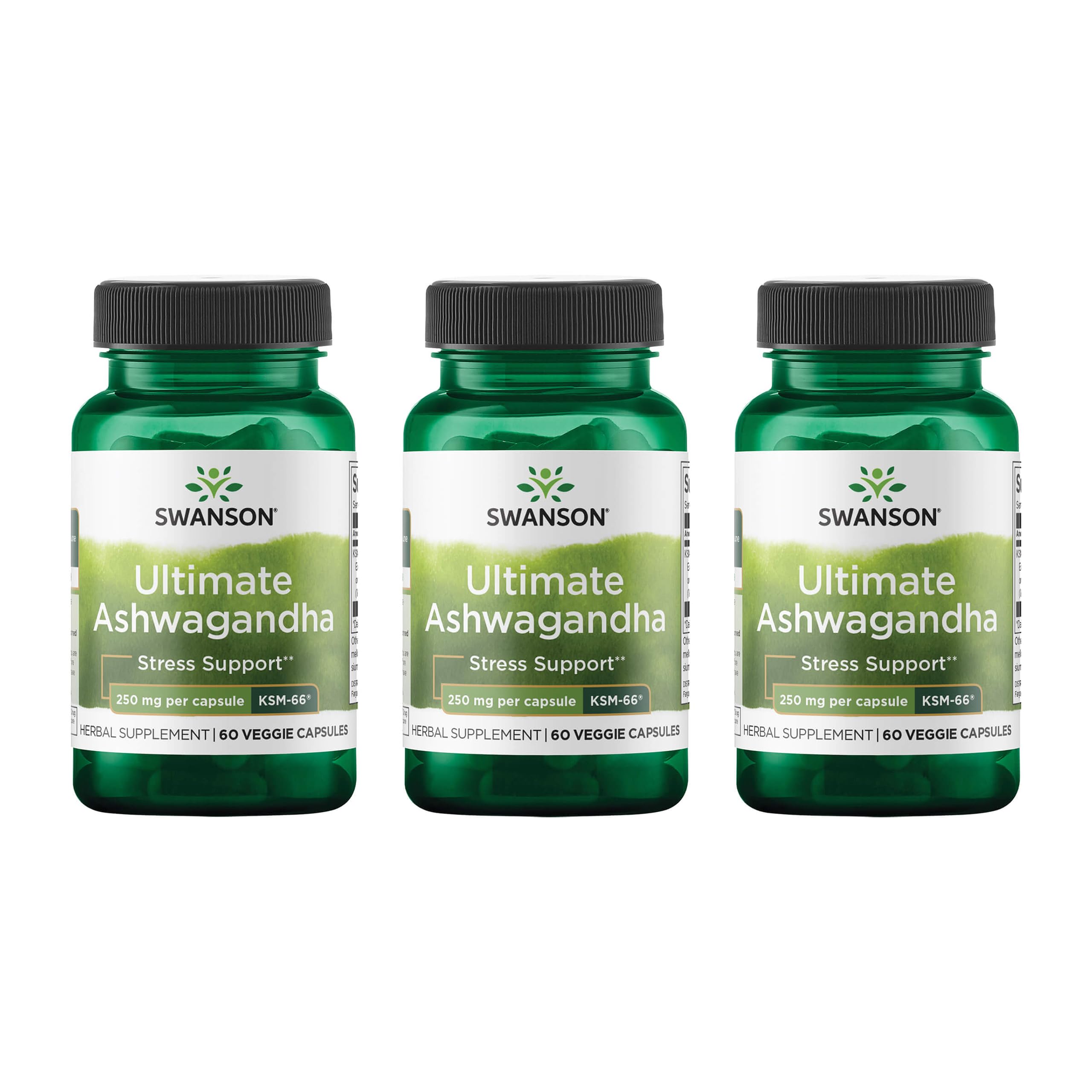 Swanson Ultimate Ashwagandha KSM-66 bottle for stress support and calm