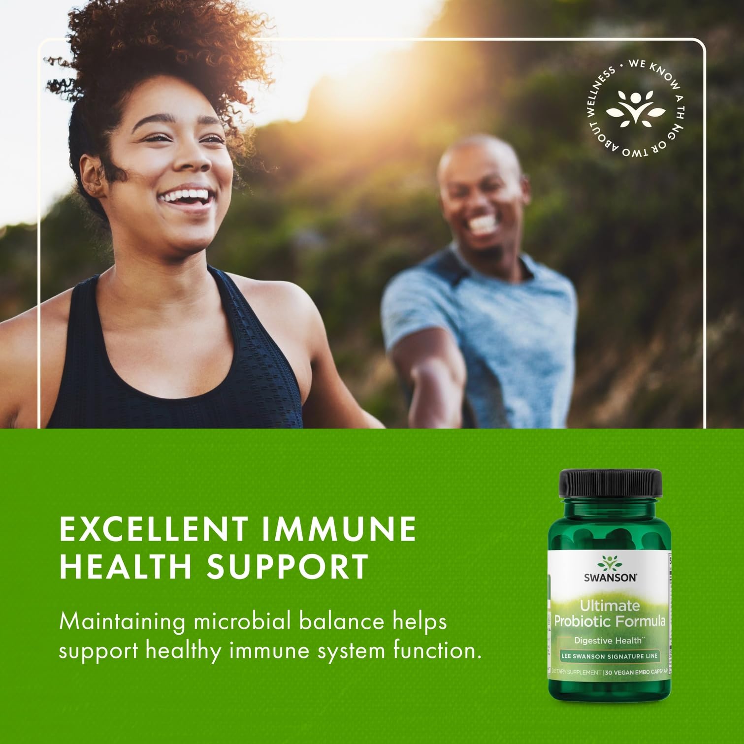 Swanson Ultimate Probiotic digestive health usage close-up with serving details.