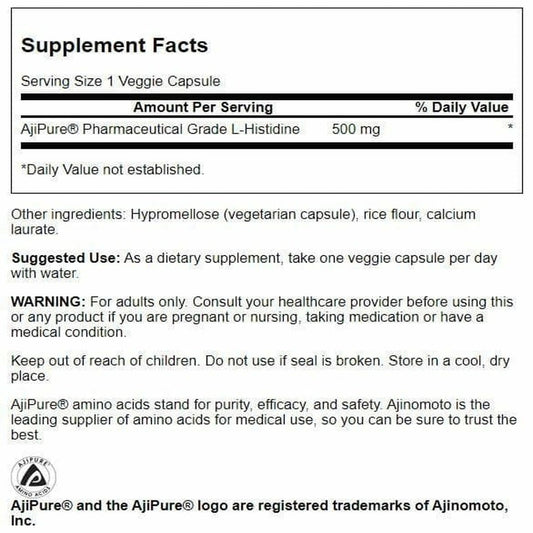 Swanson Ultra L-Histidine bottle side view highlighting vegetarian capsules