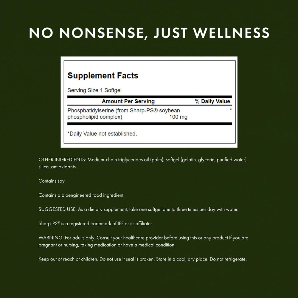 Swanson Ultra phosphatidylserine 100 mg 90 sgels capsules closeup suggests daily cognitive support