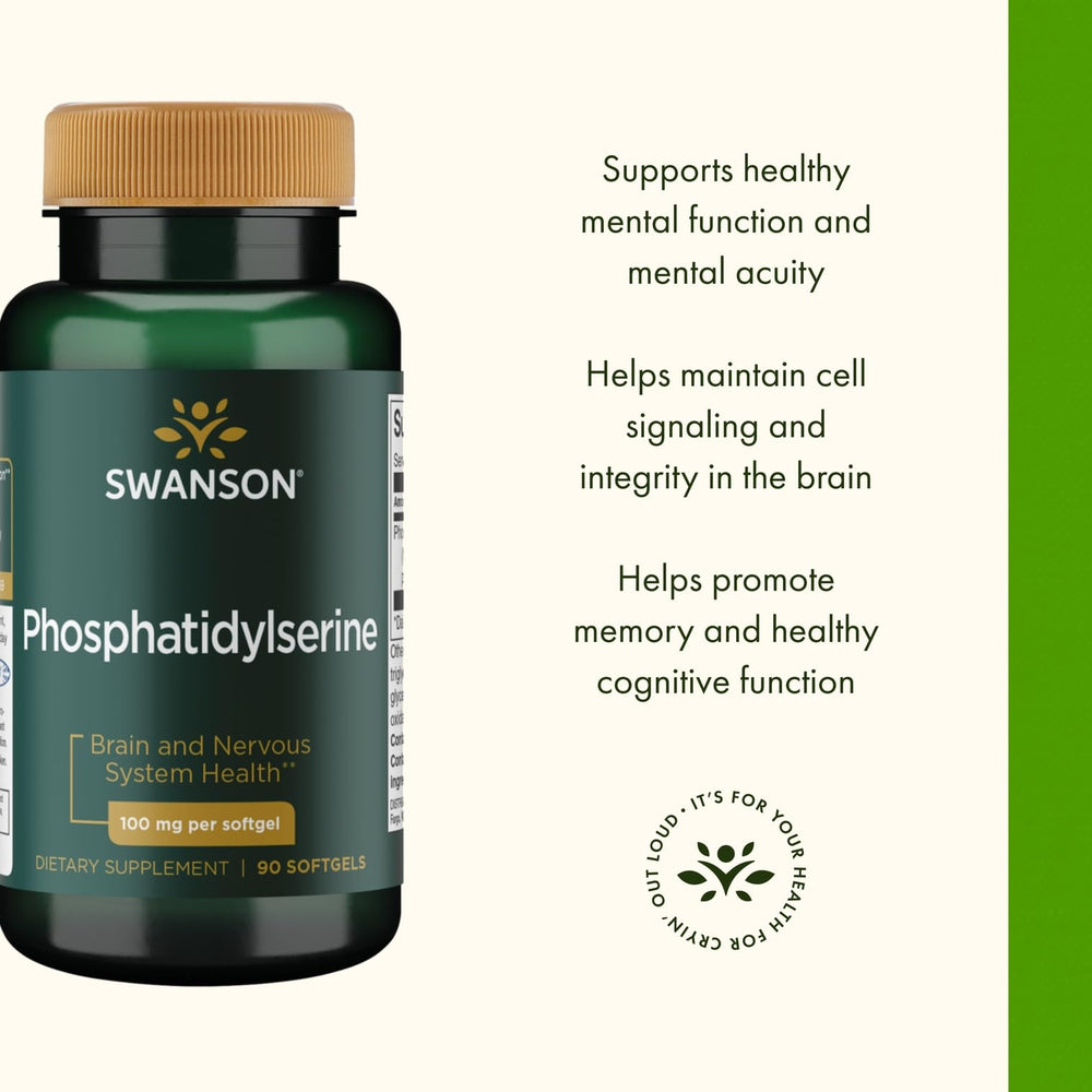 Swanson Ultra phosphatidylserine 100 mg 90 sgels top-down view on desk for routine use