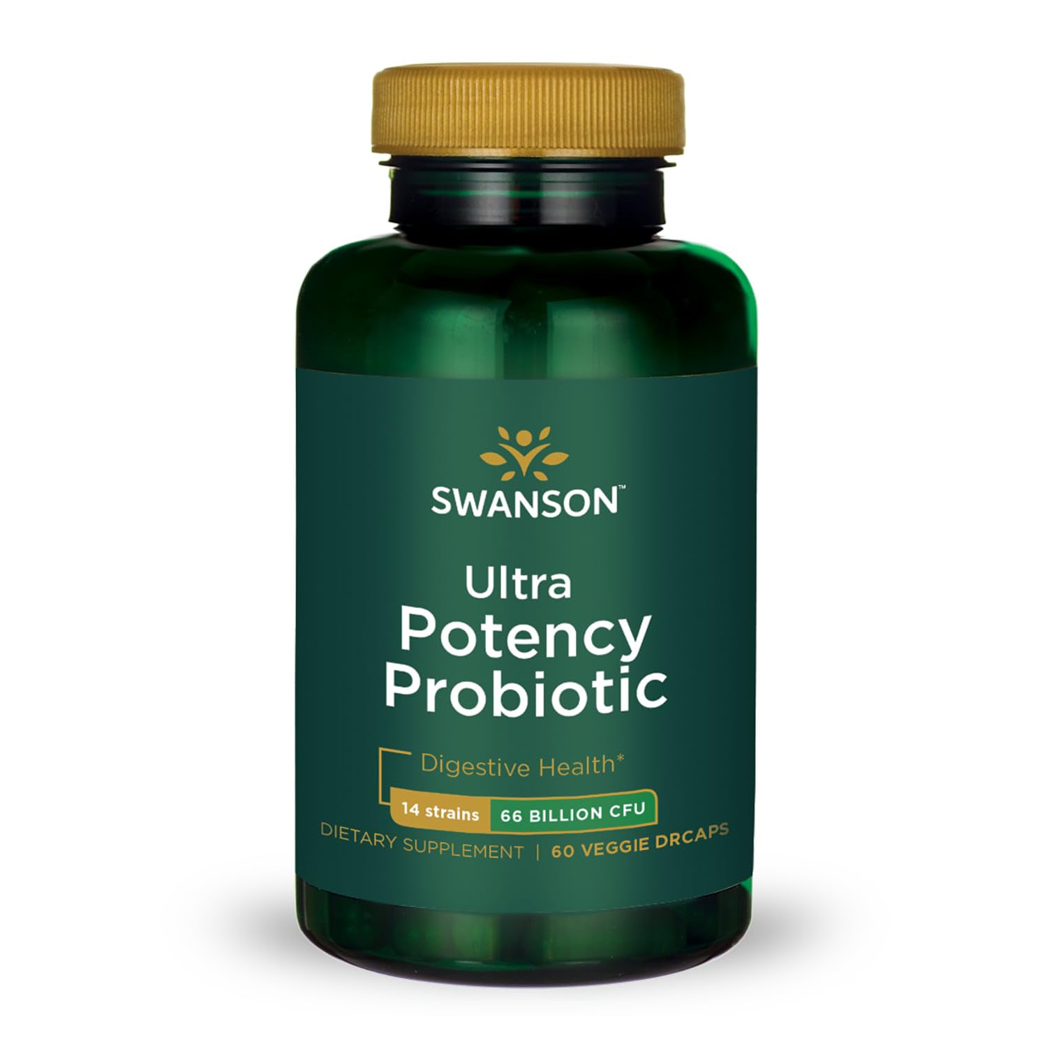 Swanson Ultra Potency Probiotic bottle pour supports digestive comfort and gut balance.