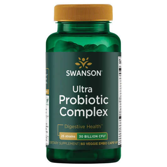 Swanson Ultra Probiotic Complex 30B CFU bottle front promotes digestive balance and immune support.