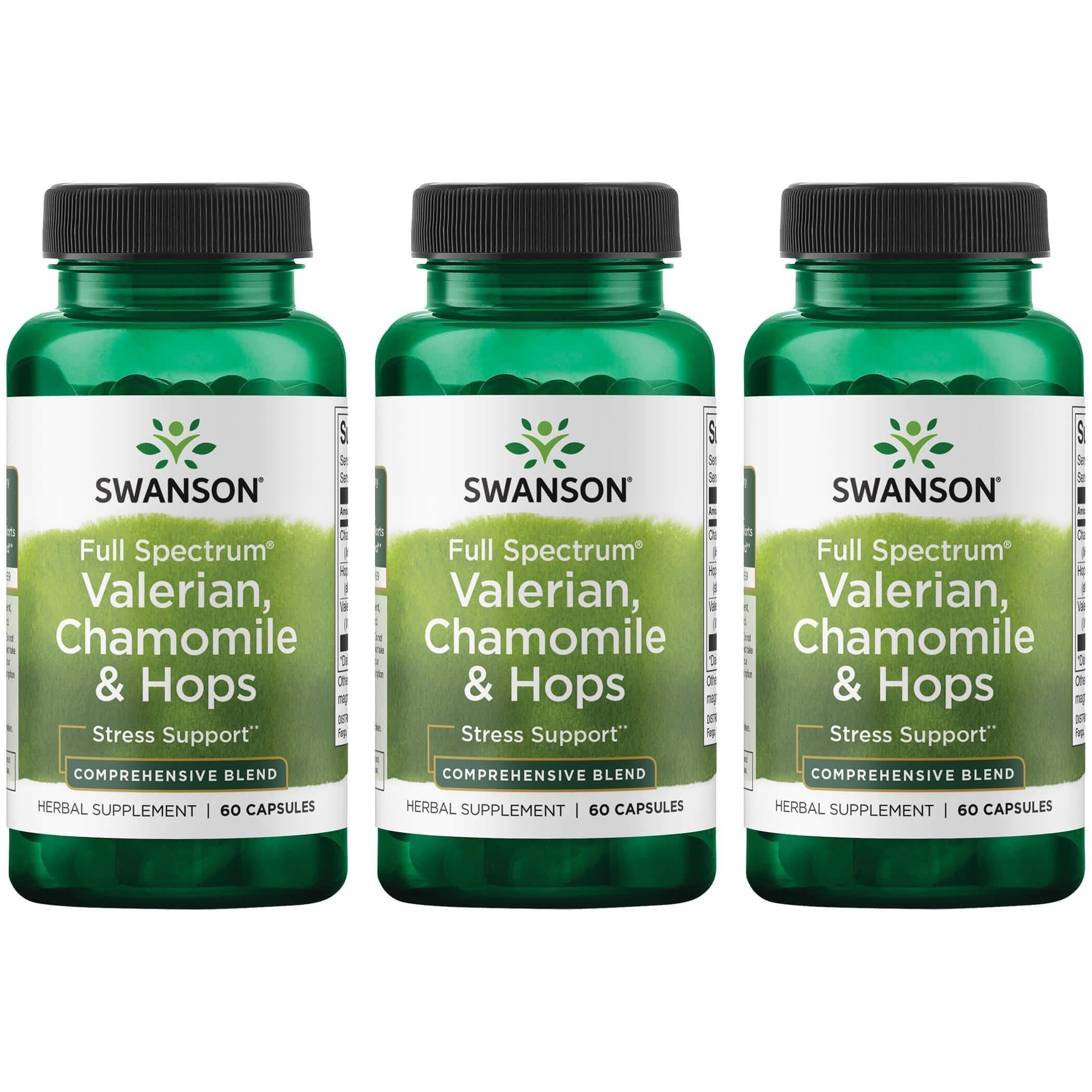 Swanson Valerian Chamomile Hops bottle promotes relaxation and calm evenings