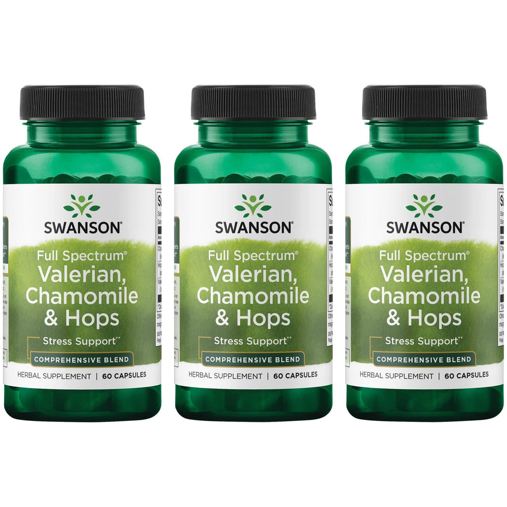 Swanson Valerian Chamomile Hops bottle promotes relaxation and calm evenings