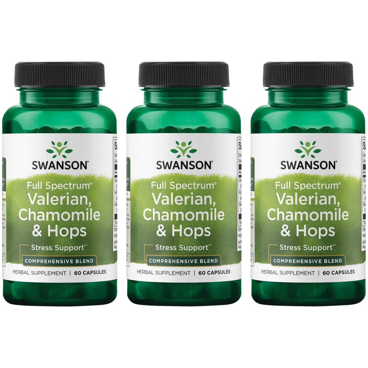 Swanson Valerian Chamomile Hops bottle promotes relaxation and calm evenings