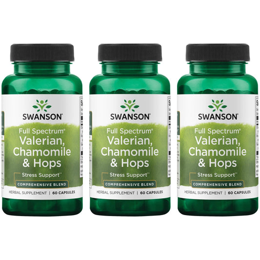 Swanson Valerian Chamomile Hops bottle promotes relaxation and calm evenings