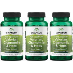 Swanson Valerian Chamomile Hops bottle promotes relaxation and calm evenings