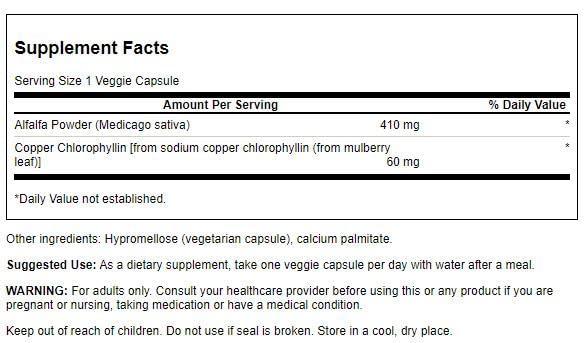 Swanson Veg Chlorophyll bottle side view shows 60 mg per capsule for easy dosing