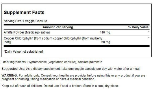Swanson Veg Chlorophyll bottle side view shows 60 mg per capsule for easy dosing
