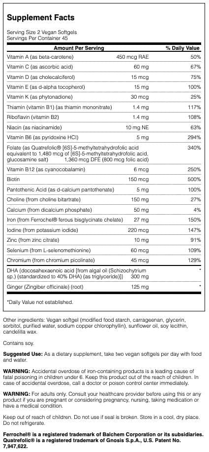 Swanson Vegan Prenatal Multi SGELS algal DHA capsule highlighting plant omega-3.
