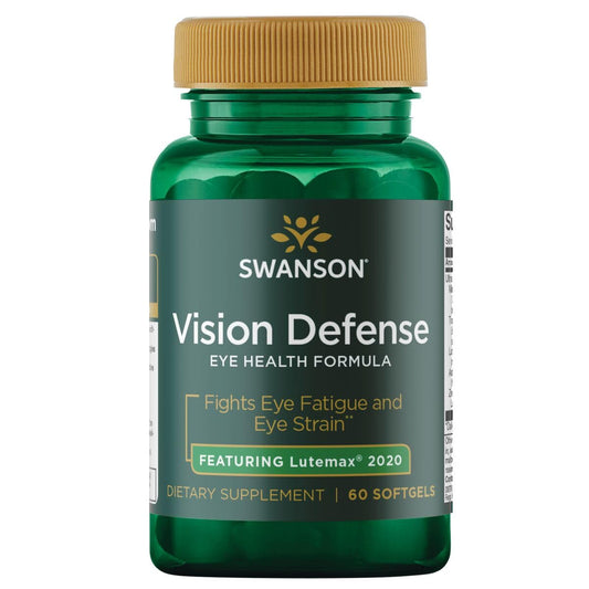 Swanson Vision Defense bottle label promotes comprehensive eye support for daily wellness.
