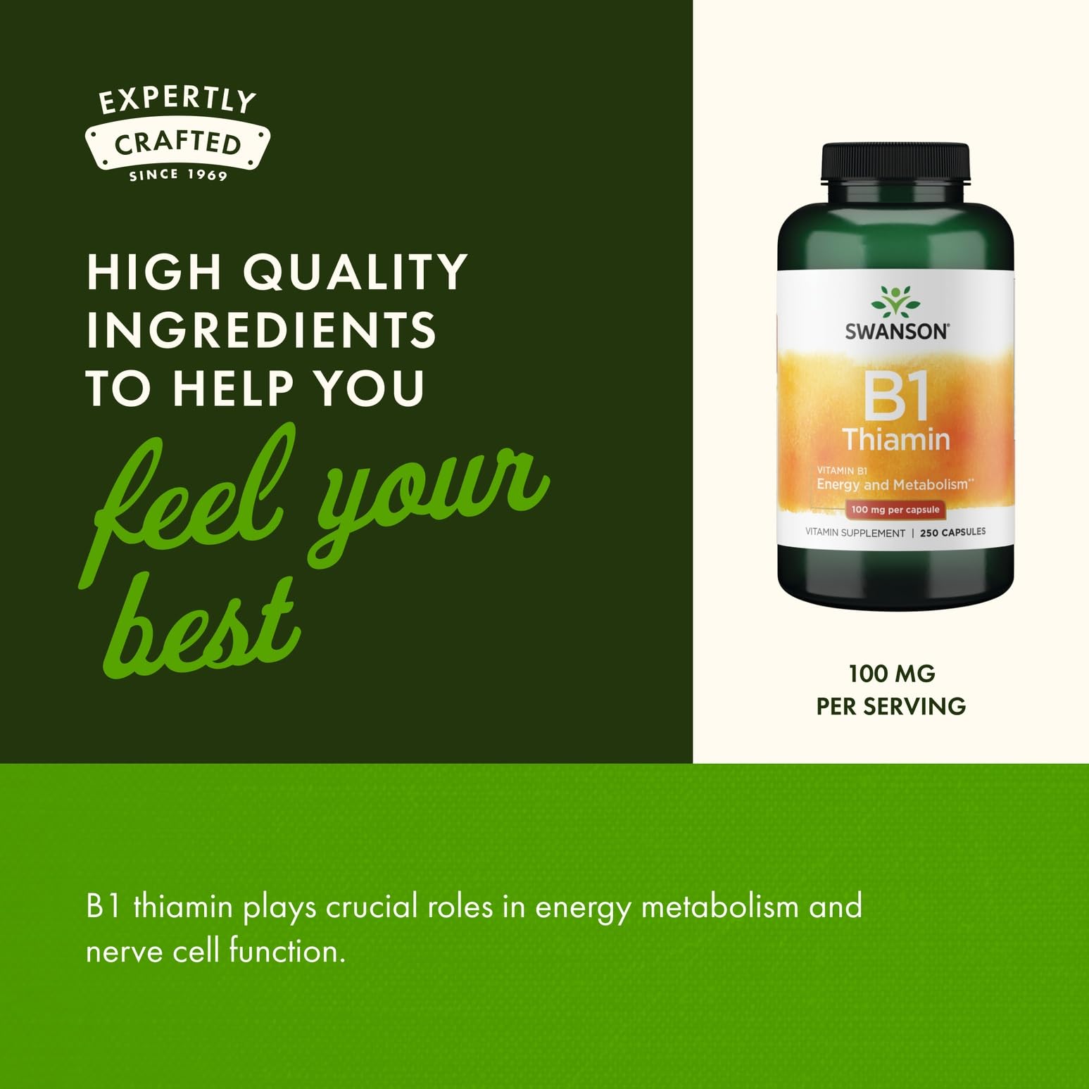 Label highlights 100 mg Thiamin per capsule and GMP quality