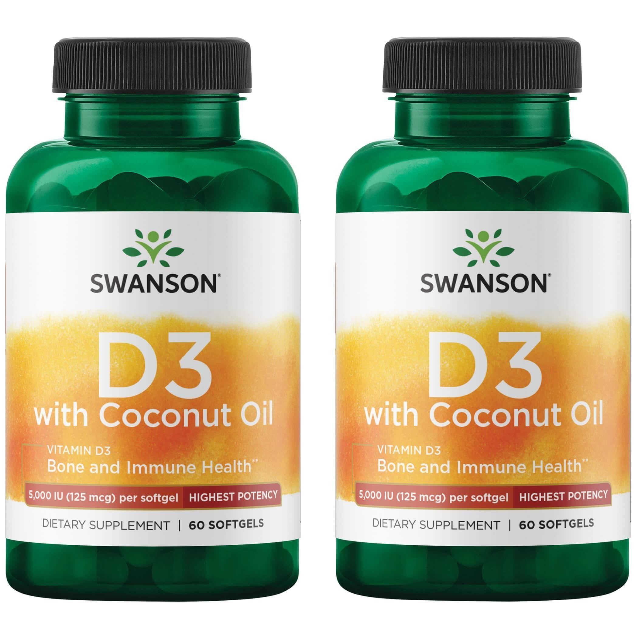 Swanson Vitamin D-3 with Coconut bottle displaying 60 softgels for daily wellness