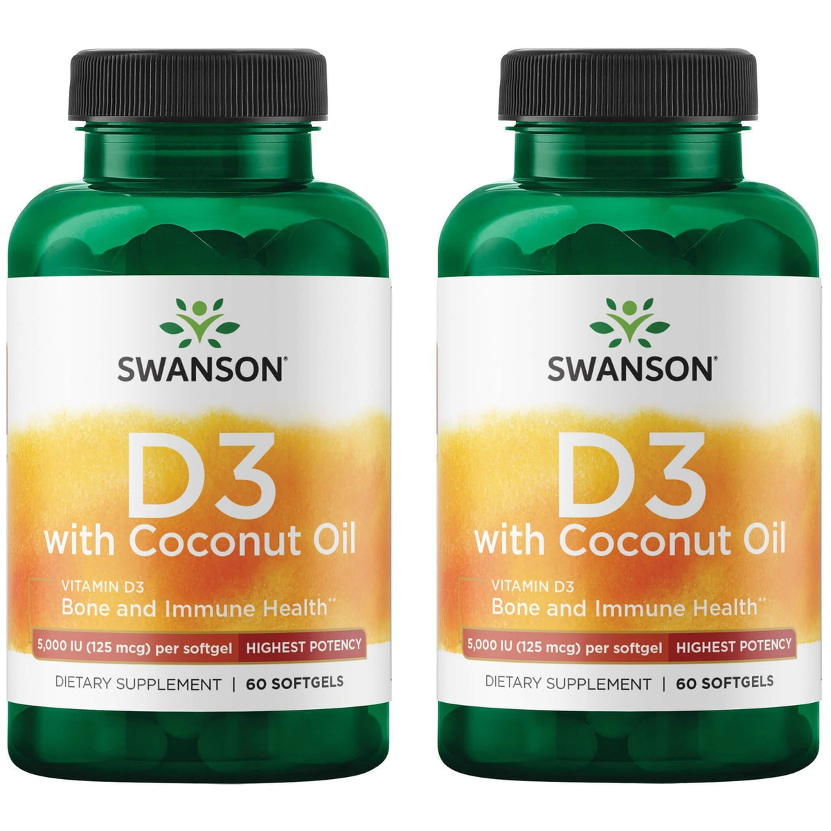 Swanson Vitamin D-3 with Coconut bottle displaying 60 softgels for daily wellness