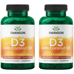 Swanson Vitamin D-3 with Coconut bottle displaying 60 softgels for daily wellness