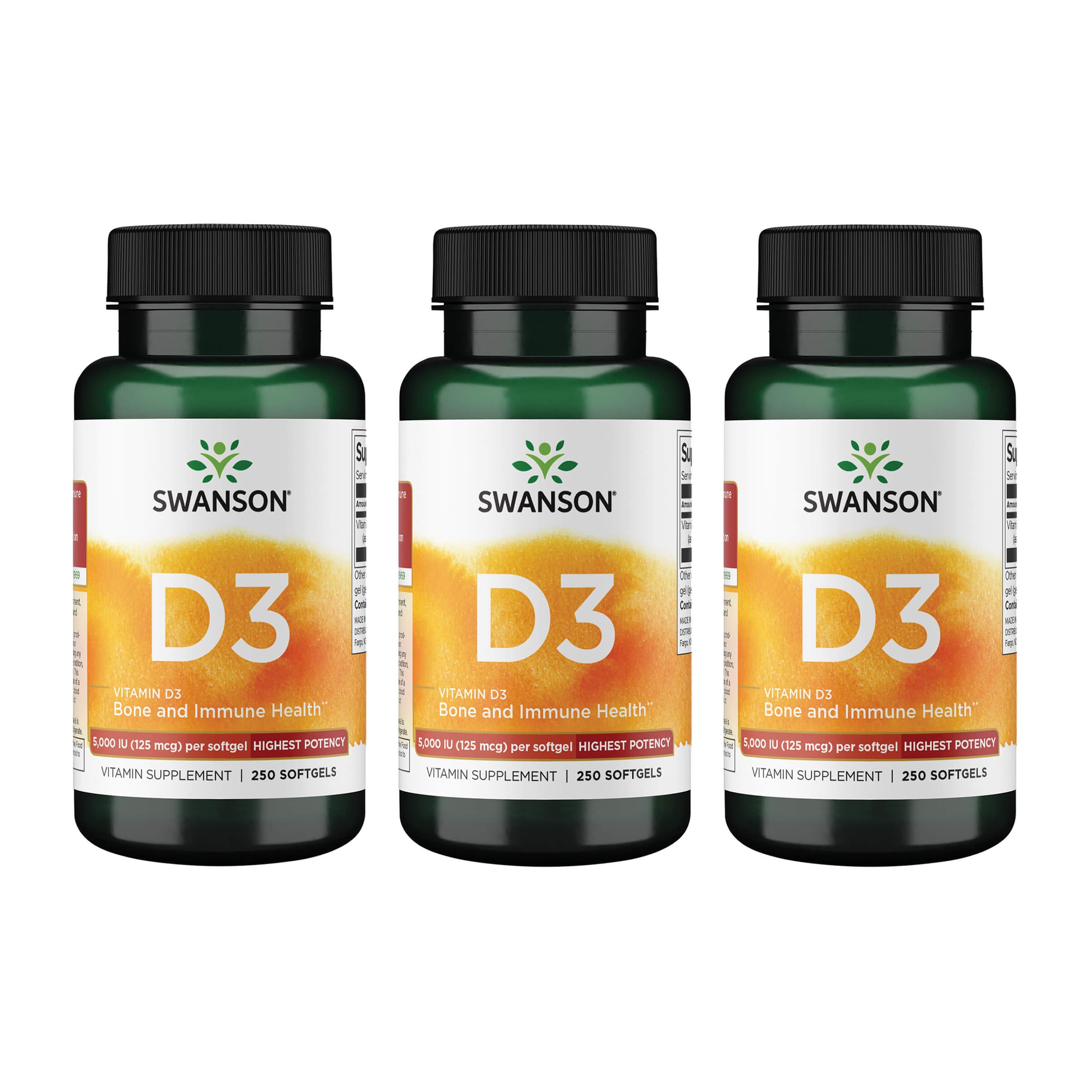 Swanson Vitamin D3 softgel bottle closeup supporting bone health and immune function.