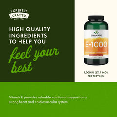 Swanson Vitamin E bottle on shelf conveys trusted daily use.