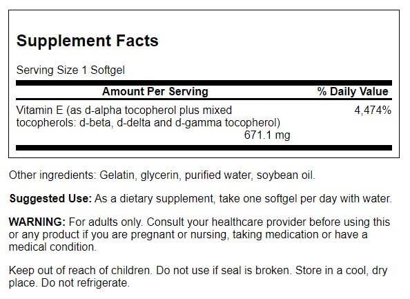 Swanson Vitamin E Mixed Tocopherols 1000 IU capsules shown for daily use.