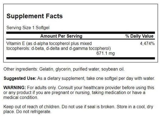 Swanson Vitamin E Mixed Tocopherols 1000 IU capsules shown for daily use.