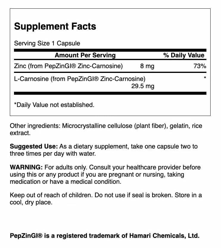 Swanson Zinc Carnosine capsules closeup for easy swallowing