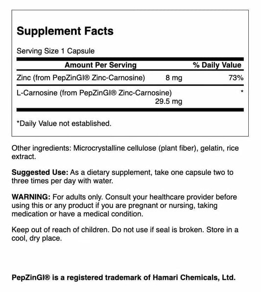 Swanson Zinc Carnosine capsules closeup for easy swallowing
