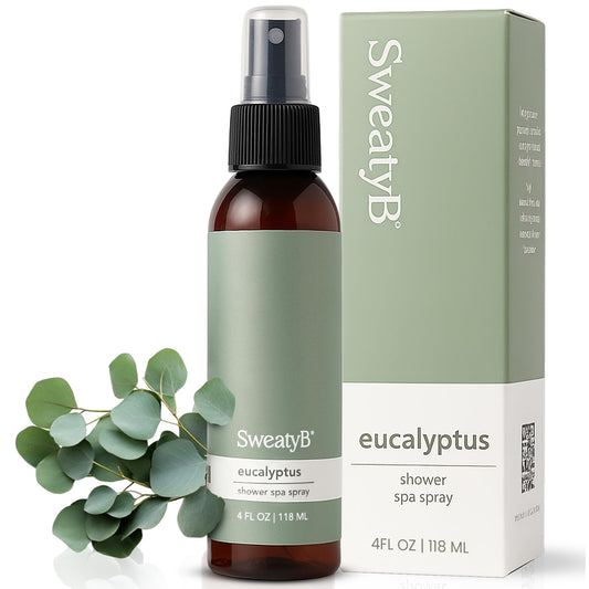 SweatyB eucalyptus shower spray bottle for spa-like aromatherapy in the bathroom.